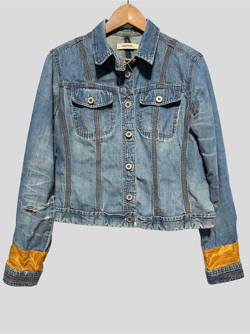 SANDWICH Cropped Denim Jacket Tapestry Cuff Distressed Boho Western